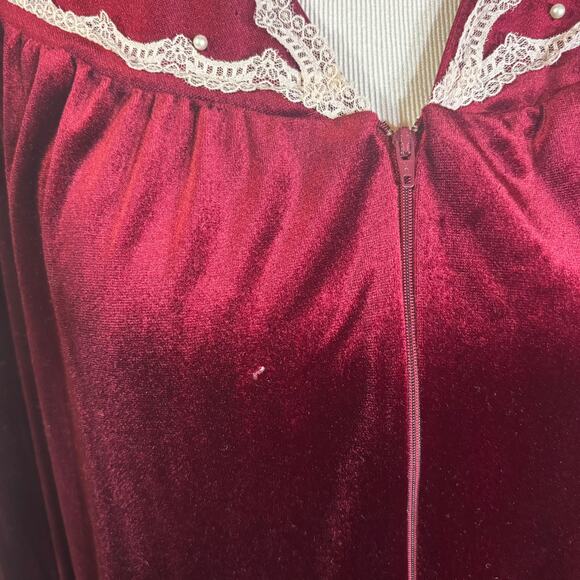 Vtg Women's Sz L Velour 1/2 Zip Robe Housecoat Plaza 9 Long Maroon Lace READ - Picture 2 of 7